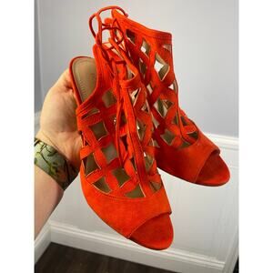 BCBGeneration, Size 7, Red Suede Cut-Out Heels, Open Toe, Gold Hardware, EUC